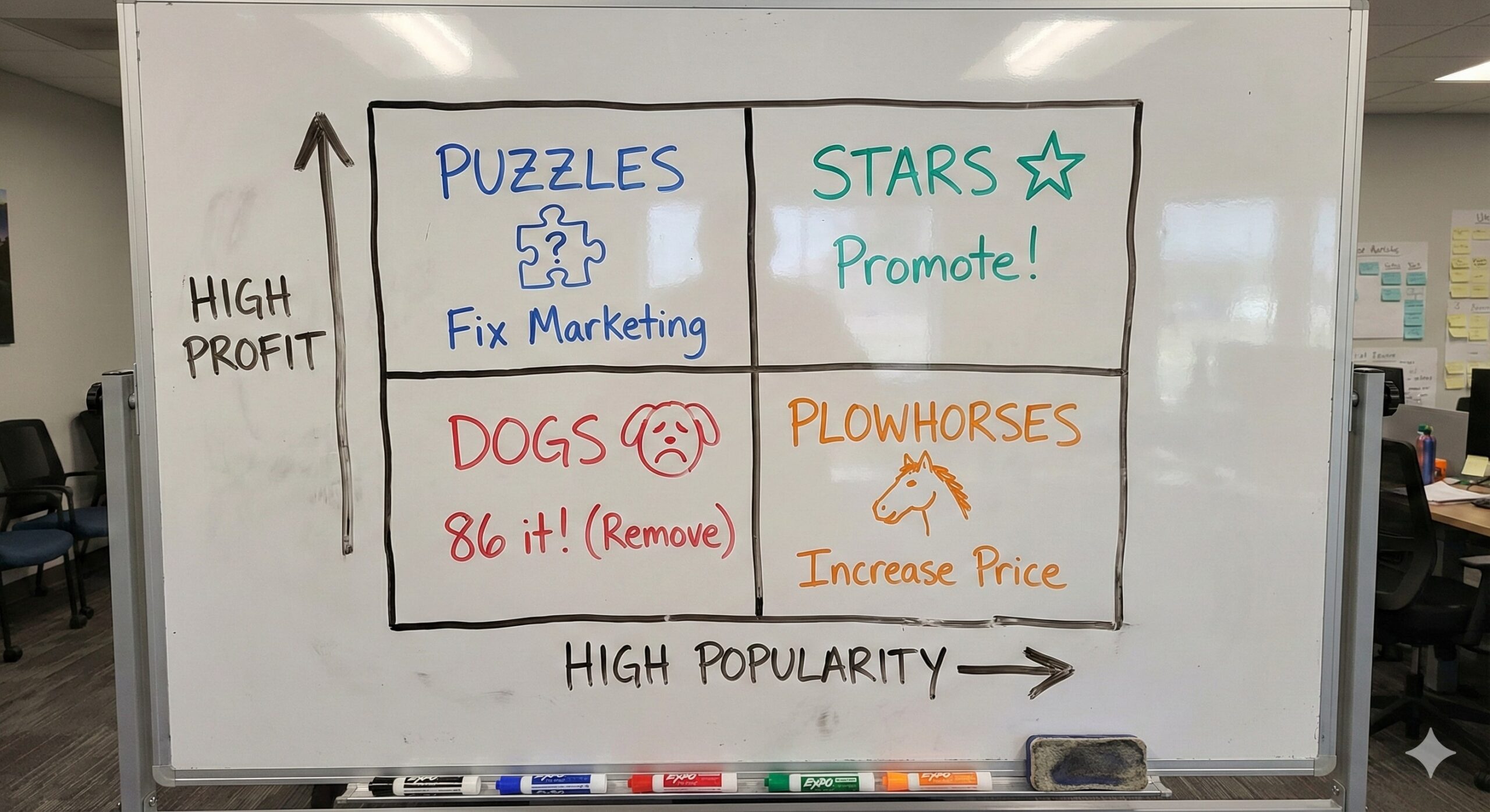 Menu Engineering Matrix Whiteboard showing Stars, Plowhorses, Puzzles and Dogs